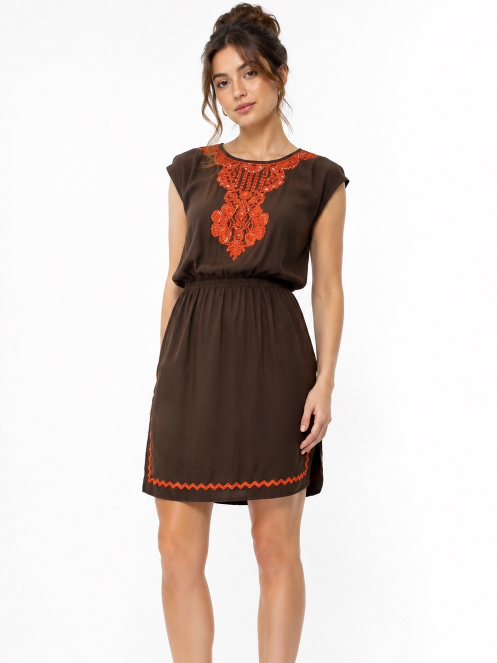 Milly New York Silk Boho Mini Dress Crochet Indie Sleeze Y2K Brown Orange 10